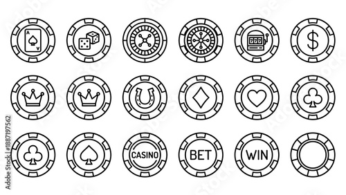 Casino chips line icons set. Gambling poker game token vector collection. Minimalist betting symbols. Money coin outline. Lucky vegas signs. Dice roulette slot linear assets.