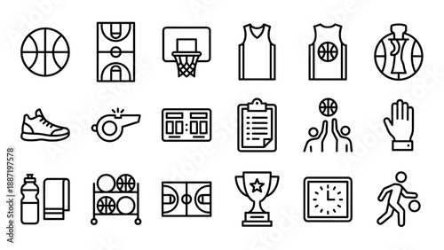 Basketball line icons set. Vector sport symbols pack. Minimalist outline design. Court game equipment. Ball hoop jersey sneaker whistle scoreboard trophy. Team competition elements.