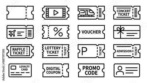 Ticket and coupon line icon set. Admission pass, cinema entry, raffle, lottery, travel boarding pass, discount voucher, promo code, gift card, loyalty program. Event access. Minimalist vector
