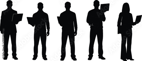 Business professional silhouettes holding laptops representing modern corporate workforce, digital technology usage, office teamwork, diversity, and productivity isolated on white background