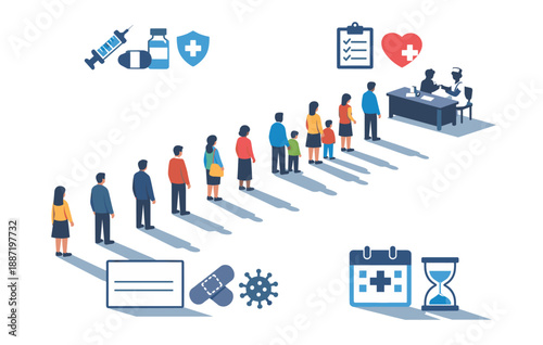 Diverse group waiting for healthcare services vaccination queue