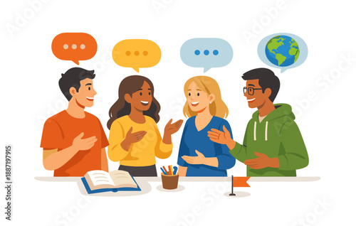 Diverse young adults engaging in group discussion with speech bubbles and global icon