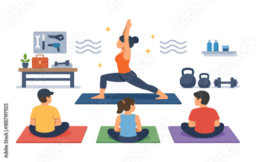 Female doing yoga pose in gym class with young participants and gym equipment