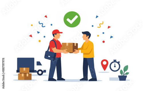 Courier service delivery exchange: two young males handling package with vehicle background