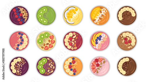 Colorful smoothie bowls collection. Healthy breakfast acai, banana, mango, kiwi, strawberry, chocolate, and tropical fruit bowls. Flat vector food icons set isolated on white background.