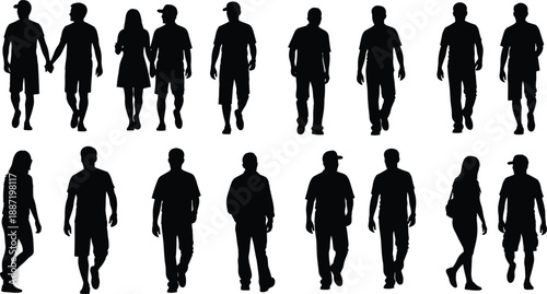 Collection of walking people silhouettes in casual poses, men and women figures illustrating movement, daily urban life, diversity, and modern lifestyle concept illustration