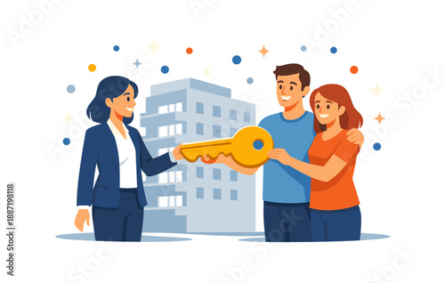 Happy couple receiving key from realtor in front of new apartment building