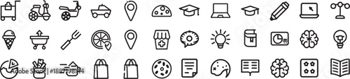 A comprehensive universal line icon set featuring diverse business education and lifestyle symbols perfect for web and mobile UIUX design and modern infographics isolated on white