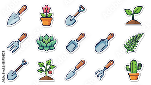 Gardening tools and plant icons set. Colorful sticker collection with shovel, trowel, rake, potted cactus, succulent, flower, and leaves. Cute spring and botanical vector design elements
