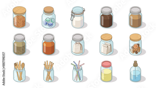 Isometric zero waste glass jars icons set with kitchen storage containers, reusable home products, eco friendly lifestyle items, sustainable household packaging, minimalist modern style design