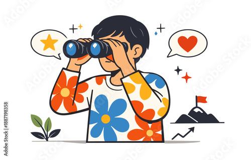 Young asian male observing with binoculars and colorful sweater