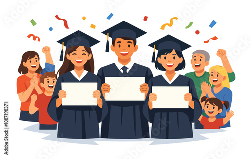 Diverse group of young graduates celebrating with family and friends