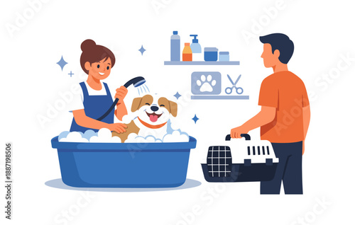 Female groomer bathing dog while male owner waits with carrier in pet salon