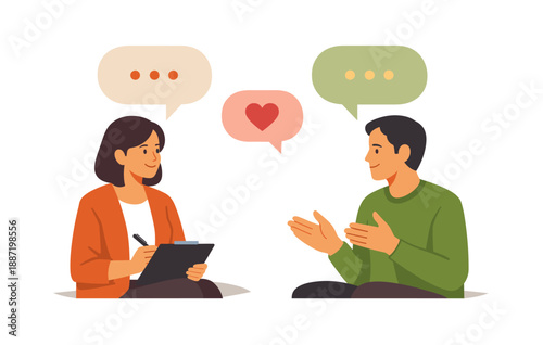 Young adults in meaningful conversation with speech bubbles and heart symbol