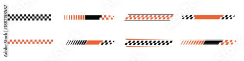 Racing stripes and checkered flag elements icon set for sports and automotive designs. speed, finish line motorsport symbol. vector illustration.
