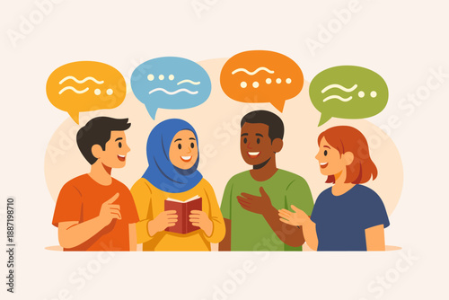 Diverse group of young adults engaging in conversation with speech bubbles