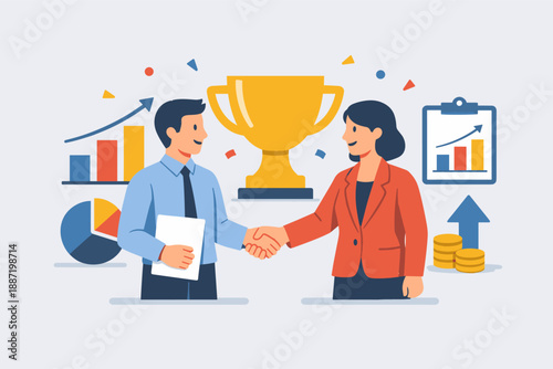 Business success: caucasian male and female professionals celebrating achievement with a trophy