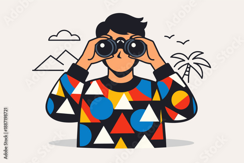 Young male using binoculars in geometric sweater with tropical background
