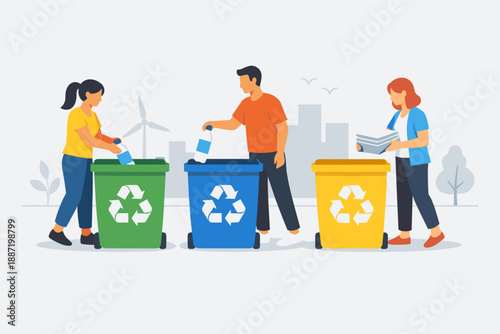 Diverse group recycling in urban park with wind turbines in background