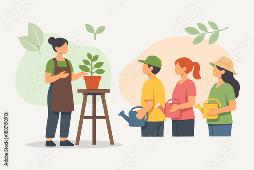 Diverse group learning gardening techniques from female instructor with plants