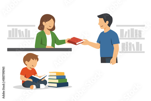 Library scene with children and adult caucasian librarian interacting and reading