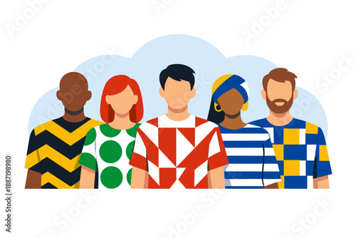 Diverse group of young adults in colorful geometric patterned clothing