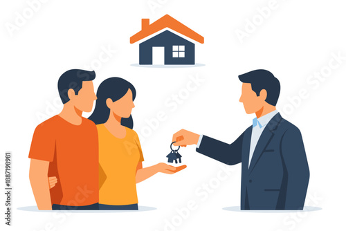 Real estate agent handing keys to couple in front of house