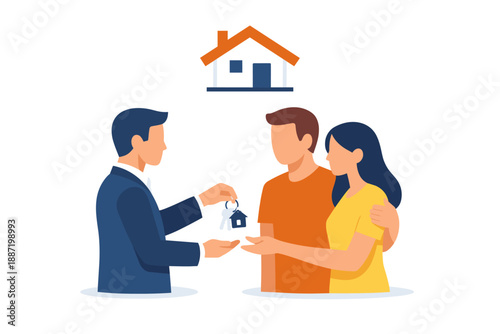 Caucasian couple receiving house keys from realtor agent