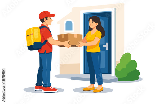 Young caucasian male courier delivering package to asian female outside home