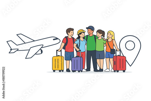 Group of teens with luggage and airplane symbolizing travel adventure