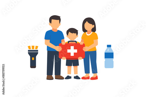 Family emergency preparedness: first aid kit essentials with flashlight and water bottle