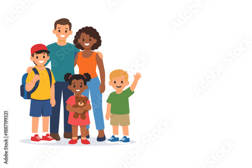 Happy diverse family of five with children holding teddy bear and backpack