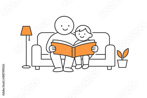 Father and child reading together on couch with orange book in simple line art