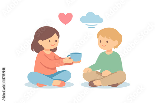 Young caucasian children sharing tea with heart and cloud icons