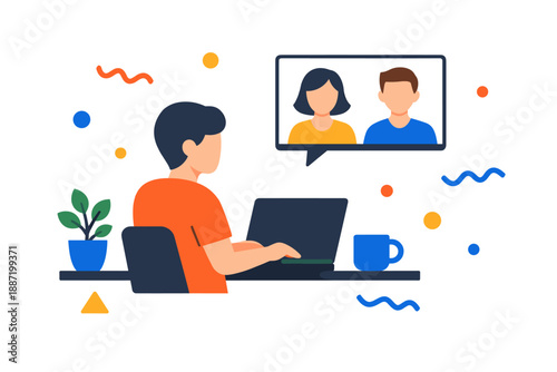 Young asian male video conferencing with caucasian couple on laptop