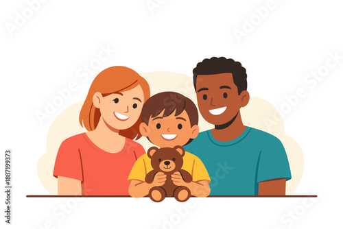 Happy multiracial family with teddy bear - caucasian female, african male, child smiling together