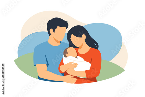 Young asian couple with newborn baby embracing parenthood
