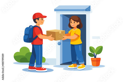 Young delivery man handing package to smiling woman at doorstep