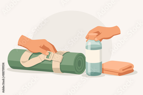 Yoga essentials: hands rolling mat with water bottle and towel for fitness