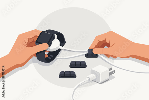 Hands organizing cables with smartwatch charger and accessories