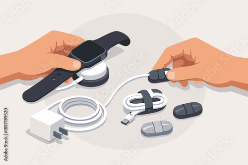 Hands connecting smartwatch charger with accessories on white surface
