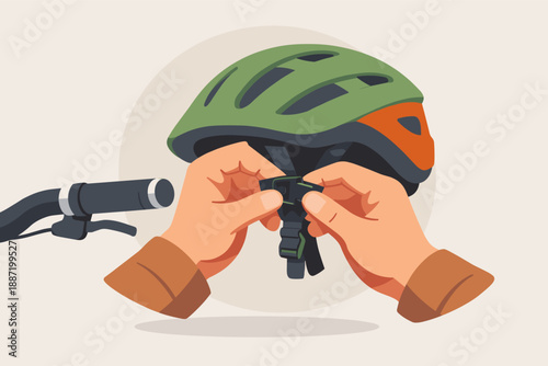 Hands fastening green bicycle helmet strap near bicycle handlebar