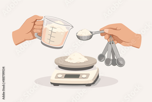 Measuring flour with kitchen scale and utensils