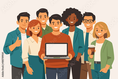 Diverse group of young adults smiling with laptop and coffee