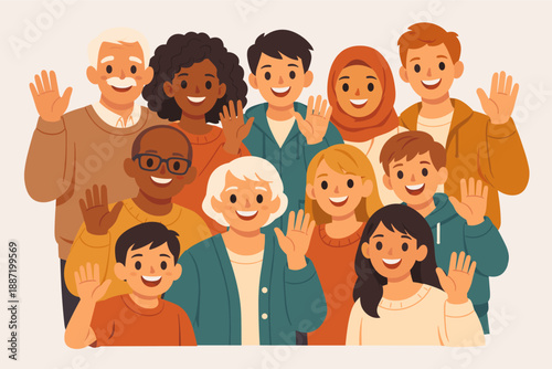 Diverse group of people smiling and waving in friendly gathering