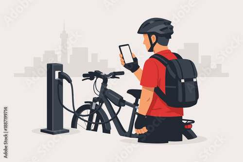 Young caucasian male using smartphone while charging electric bicycle in urban setting