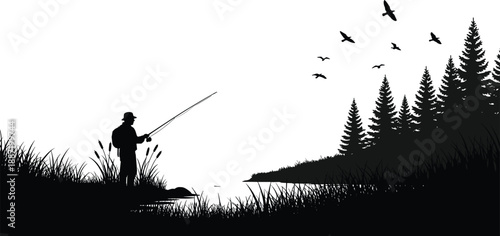 Silhouette of fisherman casting rod by quiet lake with birds and pine forest, peaceful outdoor nature scene symbolizing fishing, solitude, wilderness, and calm rural lifestyle