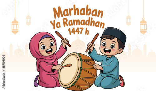Muslim Boy and Girl Play Traditional Drum Greeting Marhaban Ya Ramadhan with Festive Decor
