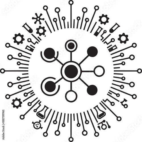 Vector science and technology icon set with gears, circuits, and lab equipment