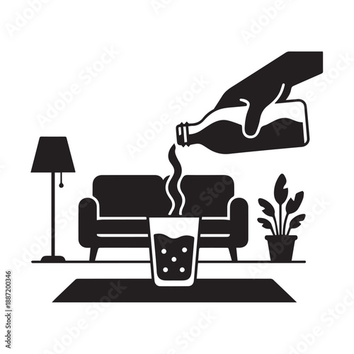 Vector illustration of a hand pouring a drink into a glass on a coffee table